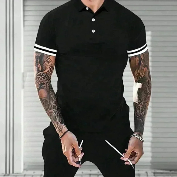 . Other - Black Casual Men Striped Trim Polo Shirt & Shorts